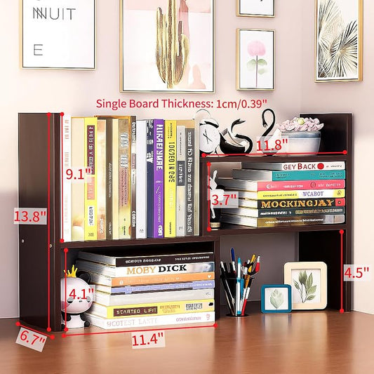 Desktop Shelf Organizer, Adjustable Wood Office Storage Rack, Counter Display Small Bookshelf for Home/Office/School(Dark Walnut)