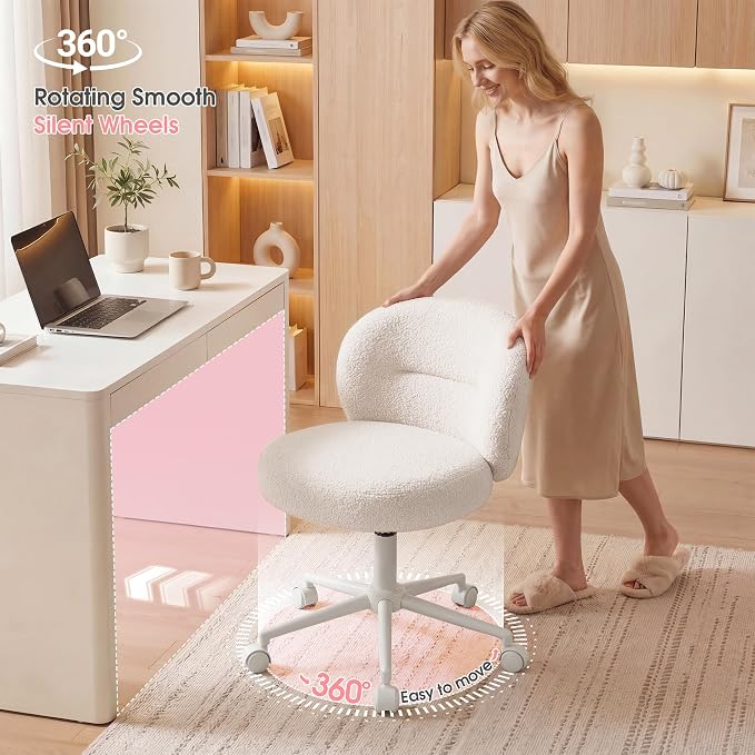 Homkdom Cute Vanity Chair with Wheels Comfy Desk Chair with Back Height Adjustable & 360° Swivel for Makeup, Study, or Light Office Work, White