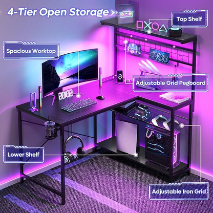 Bestier 42 L Gaming Desk,Computer Desk with Power Outlets, LED Lights, Reversible Corner Desk with 4-Tier Shelves,Cup Holder & Hook Carbon Fiber Black
