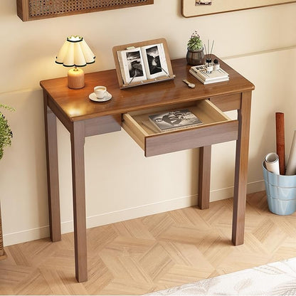 Solid Wooden Desk with Drawers - 32 x 16 Inch Narrow Desks, Rubberwood Mid Century Modern Desks, Small Writing Desk for Bedroom|Small Spaces - Walnut Color