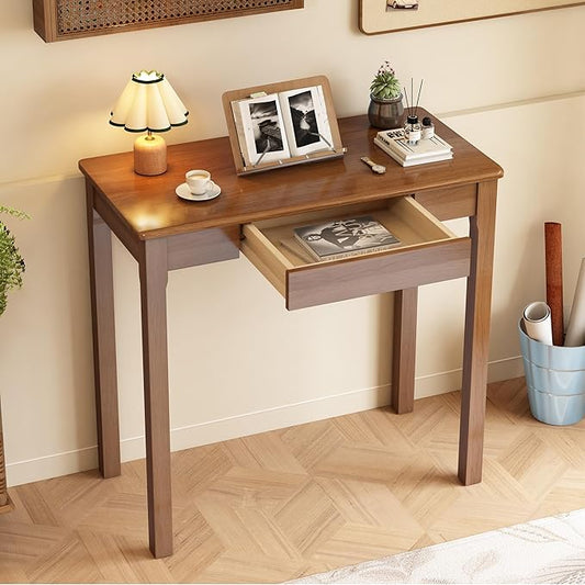 Solid Wooden Desk with Drawers - 32 x 16 Inch Narrow Desks, Rubberwood Mid Century Modern Desks, Small Writing Desk for Bedroom|Small Spaces - Walnut Color