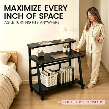 39.4 Inch Compact Rolling Computer Desk with Tier Worktable & Lockable Wheels, Small Computer Desk, Small Desk for Bedroom, Mobile Writing Workstation Easy Assembly for Home Office Small Spaces
