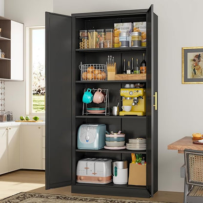 71" H Kitchen Storage Cabinet with 4 Adjustable Shelves, Metal Pantry Cabinet, Pantry Organizers and Storage Cabinet for Kitchen, Bathroom, Living Room (Black)
