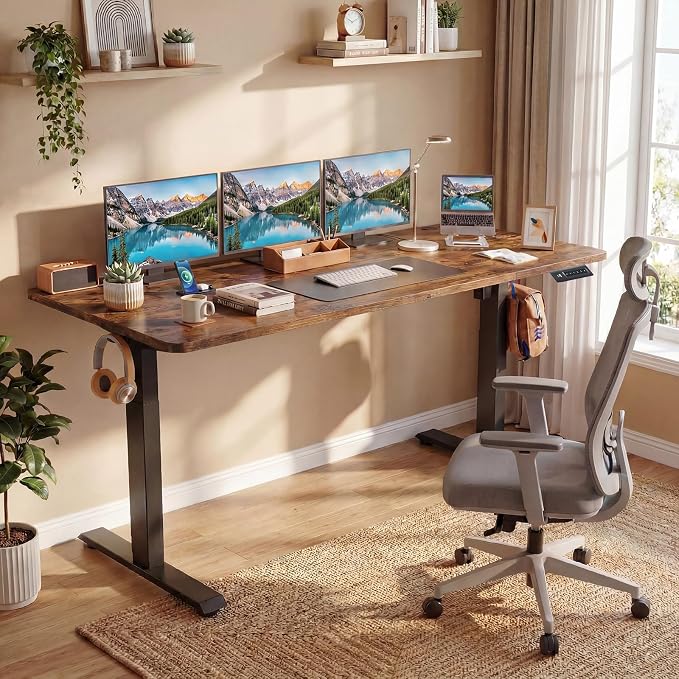 Electric Standing Desk 70 x 27 Inches Adjustable Height Sit Stand Up Desk for Home Office Computer Desk Memory Preset with Wheels, Brown