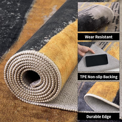 Ciicool Abstract Area Rug Indoor, 3x5 Washable Entryway Rug, Modern Soft Throw Entry Rug with Non-Slip Backing for Bedroom Living Room Entrance Kitchen, Low-Pile Floor Carpet Doormat Black Gold