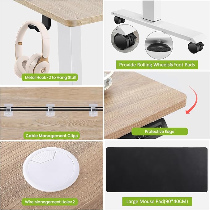 farexon Electric Standing Desk 63 x 24In with Power Outlets, Adjustable Height Stand up Desk with Large Mouse Pad, Double Hooks and 4 Wheels, 27''-46'' Lifting Range, Easy to Set for Home/Office(Oak)