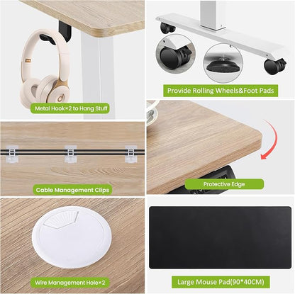 farexon Electric Standing Desk 63 x 24In with Power Outlets, Adjustable Height Stand up Desk with Large Mouse Pad, Double Hooks and 4 Wheels, 27''-46'' Lifting Range, Easy to Set for Home/Office(Oak)