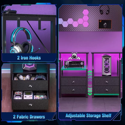 Korfile 66'' L Shaped Gaming Desk with Drawers and Storage Shelves, Reversible Corner Desk with Power Outlets and Host Stand, Large Computer Desk with Led Lights for Gaming, Work, Home Office, Black