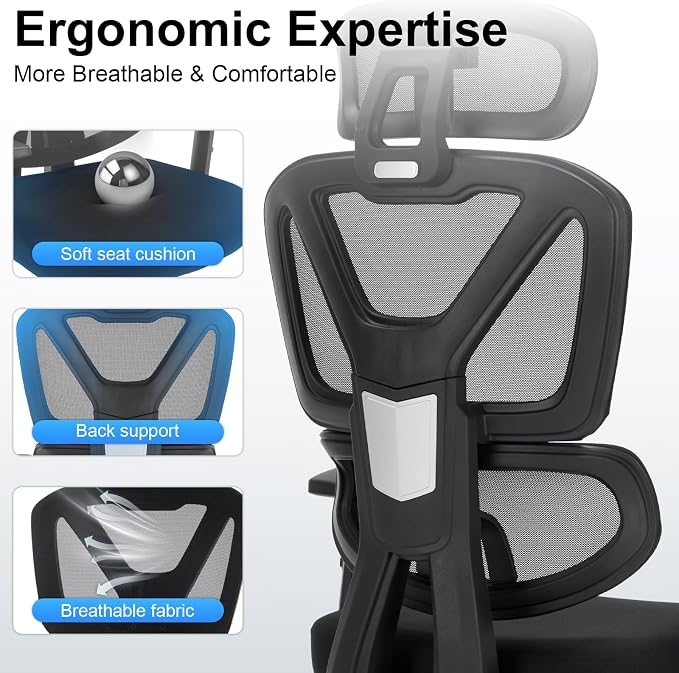 Ergonomic Office Chair,Computer Desk Chair with Adjustable Lumbar Support & 3D Headrest,5D Armrests,90-135° Recline,Breathable Mesh High Back,BIFMA Certified,Home Office Gaming Chair for Adults,Black