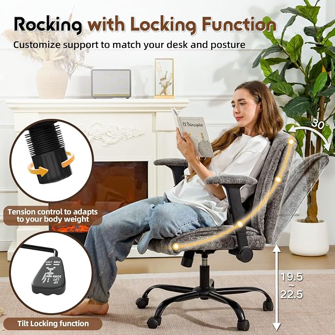 Criss Cross Chair with Wheels & Flip Arms, Wide Cross Legged Office Chair with Adjustable Tilt Criss-Cross Desk Chair with Lumbar Support for Home Office, Bedroom, Apartment Gray