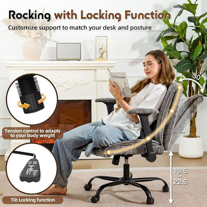 Criss Cross Chair with Wheels & Flip Arms, Wide Cross Legged Office Chair with Adjustable Tilt Criss-Cross Desk Chair with Lumbar Support for Home Office, Bedroom, Apartment Gray