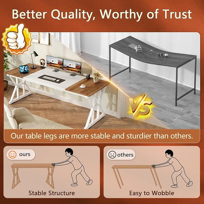 TVU Computer Desk, 63 inch Large Office Desk, Study Writing Table with Thicken Frame, Gaming Desk, Modern Simple Desk for Home Office, Brown/White