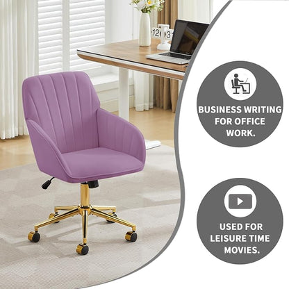 YITAI Velvet Office Desk Armchairs with Gold Base and Wheels,Modern Height Adjustable 360 Degree Swivel Upholstered Vanity Chairs for Living/Room Bedroom/Study,Light Purple