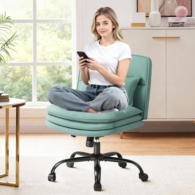 Furmax Criss Cross Legged Office Chair with Wheels, Armless Extra Wide Seat Swivel Desk Chair, Adjustable Height Comfy Task Chair with Thick Cushion for Home Office Bedroom Vanity (Fabric, Green)