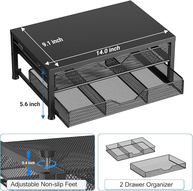 OPNICE Computer Monitor Stand Riser, Desk Organizer with Drawer, Printer & Laptop Stand, Office Desk Accessories & Workspace Desktop Organizers Storage for Office Supplies(Black - Double Drawer)