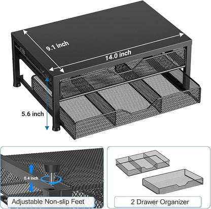 OPNICE Computer Monitor Stand Riser, Desk Organizer with Drawer, Printer & Laptop Stand, Office Desk Accessories & Workspace Desktop Organizers Storage for Office Supplies(Black - Double Drawer)