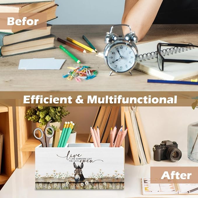 DILSJ Inspirational Donkey Pen Pencil Holder Organizer for Desk, Donkey Gifts for Women, Live Like Someone Left The Gate Open Wooden Box Signs for Home Office Desk Tabletop Decoration
