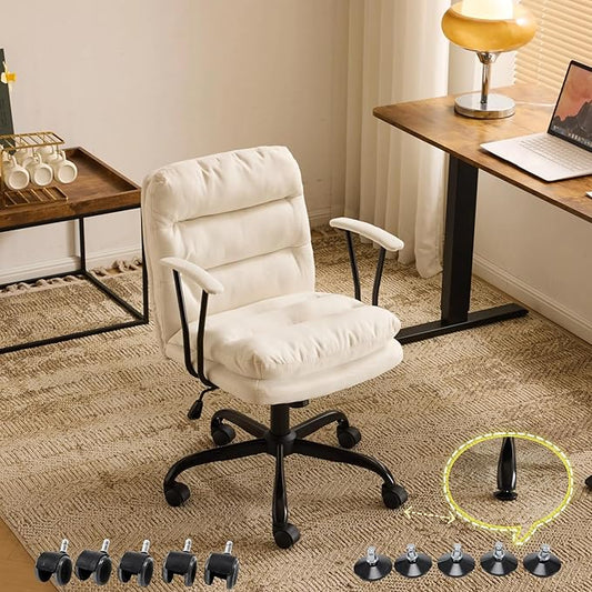 VINGLI Padded White Desk Chair with/No Wheels,Dual-Base,Removable Armrests,Adjustable Comfy Rolling Swivel Computer Task Nail Tech Chair for Home Office,Sewing,Makeup Vanity,Teen,Linen Fabric