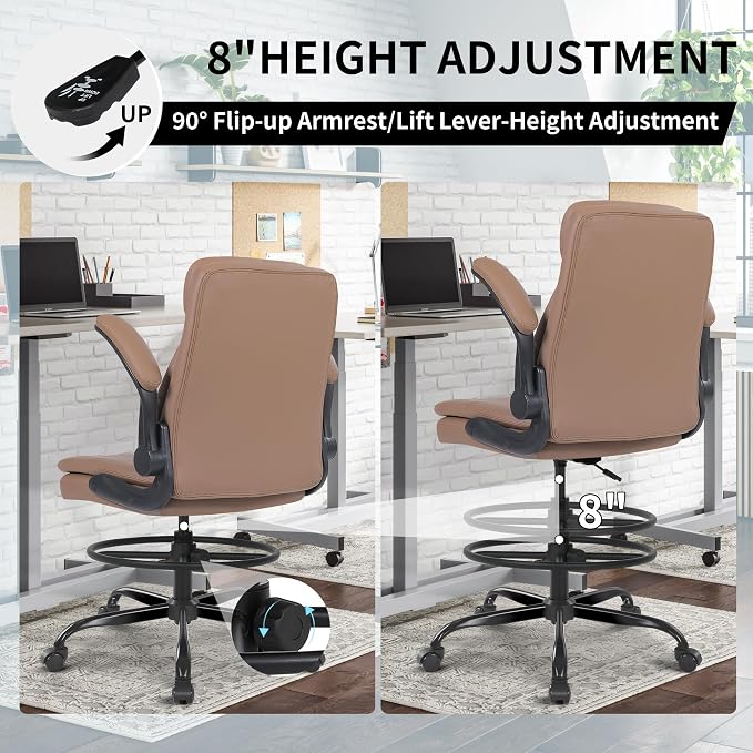 Misolant Leather Drafting Chair, Tall Office Chair for Standing Desk, High Executive Office Chair with Adjustable Height and Flip-up Armrest for Counter Height Desk