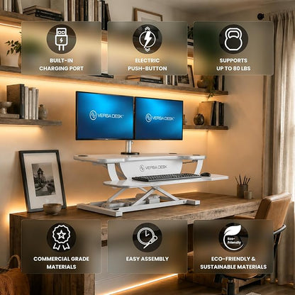VERSADESK PowerPro 48 Inch Electric Standing Desk Converter – Push-Button Height Adjustable Sit to Stand Desk Riser for Multiple Monitors – Motorized Desktop Workstation with Wide Keyboard Tray, White