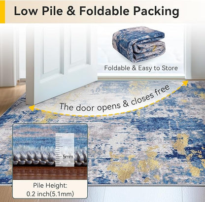 RELEANY Washable Area Rugs Square 8ft Non-Slip Modern Abstract Soft for Living Room Entryway Bedroom Kitchen, Print Pattern, Grey Blue Gold/Golden