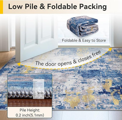 RELEANY Washable Area Rugs Square 7ft Non-Slip Modern Abstract Soft for Living Room Entryway Bedroom Kitchen, Print Pattern, Grey Blue Gold/Golden