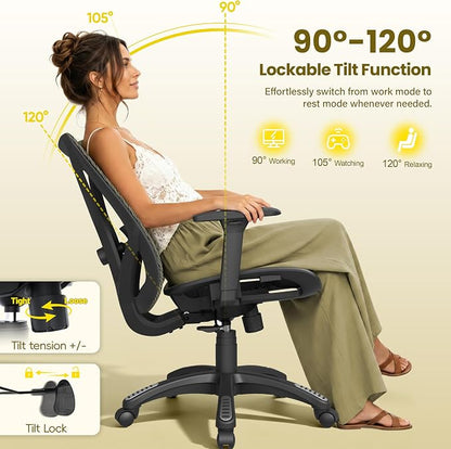 Ergonomic Office Chair, Mesh Computer Desk Chairs with Adjustable Lumbar Support, 3D Armrests, Tilt Function, Comfy Wide Seat, Swivel Executive Work Task Chair for Company and Home