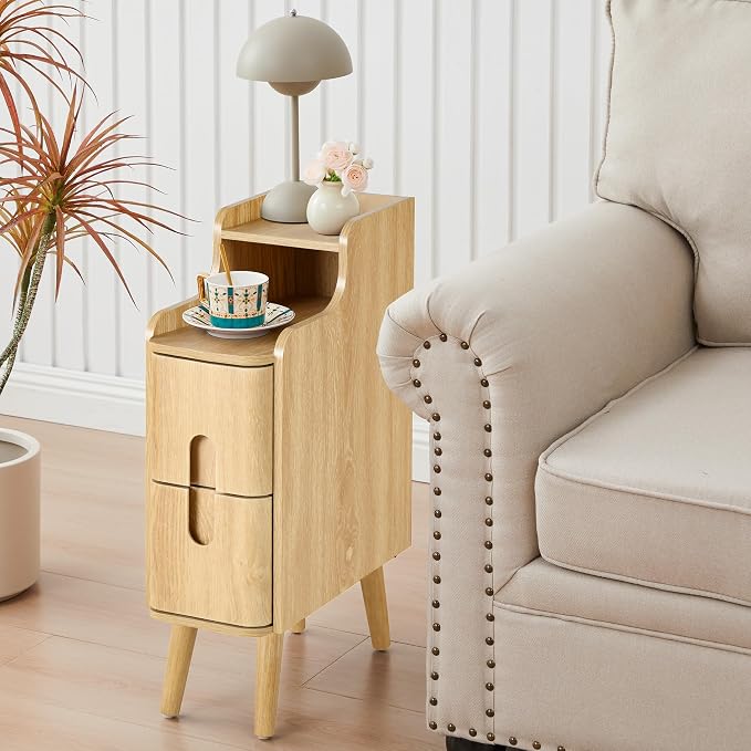 Narrow End Table Living Room, Wooden Small 2 Drawer Nightstand Bedroom, Thin Couch Side End Table, Vintage Skinny Bedside Table Small Spaces, Mid Century Modern Night Stand with Drawers (Natural-1 pc)