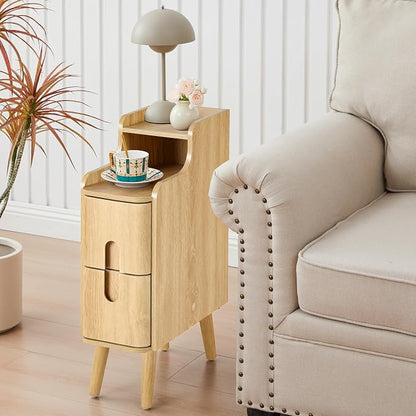 Narrow End Table Living Room, Wooden Small 2 Drawer Nightstand Bedroom, Thin Couch Side End Table, Vintage Skinny Bedside Table Small Spaces, Mid Century Modern Night Stand with Drawers (Natural-1 pc)