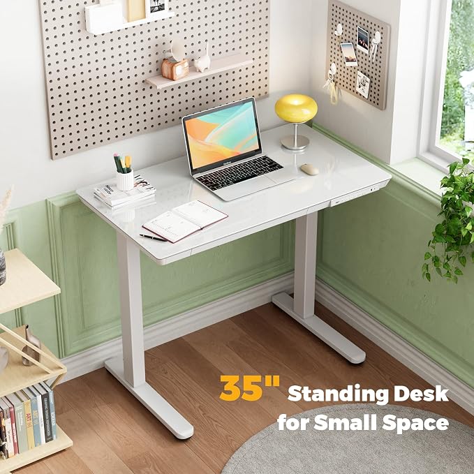 Glass Electric Standing Desk with Drawer, 35" x 20" Whole Piece Small Sit Stand Table, Height Adjustable Desk with Storage & USB Ports, Quick Install Home Office Computer Desk, White