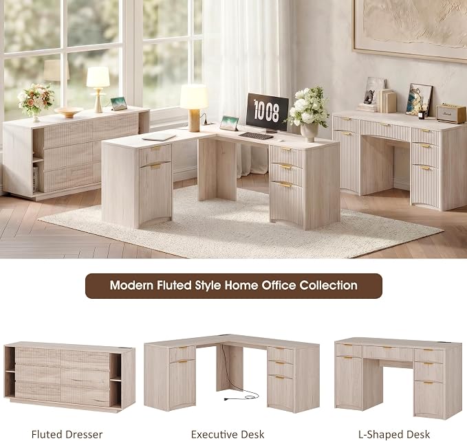 Whalefall 63'' Fluted L Shaped Desk with Drawers, White Alder | Corner Computer Desk with Charging Station, Modern Executive Home Office L Desk with File Cabinet Storage