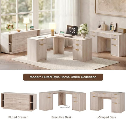 Whalefall 63'' Fluted L Shaped Desk with Drawers, White Alder | Corner Computer Desk with Charging Station, Modern Executive Home Office L Desk with File Cabinet Storage