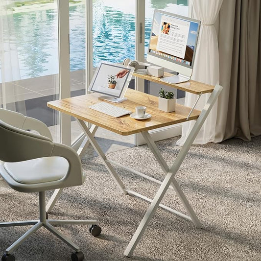 GreenForest No Assembly Folding Desk, 2-Tier Compact Computer Desk with Shelf, 30 inch Space Saving Foldable Table for Home Office, Dorm or Apartment, Portable Collapsible Sturdy Laptop Desk, Oak