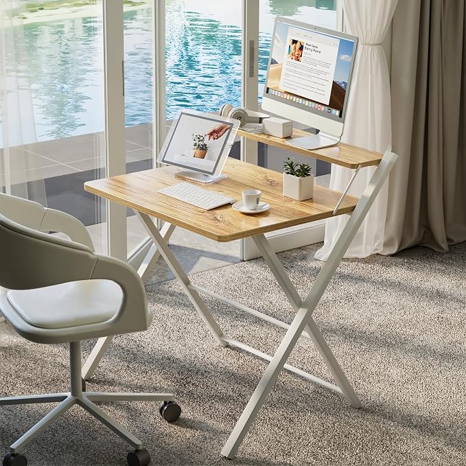GreenForest Portable Small Desk No Assembly, 2-Tier Compact Computer Desk with Shelf, Space Saving Foldable Table for Home Office, Bedroom or Apartment, Portable Collapsible Sturdy Laptop Desk, Oak