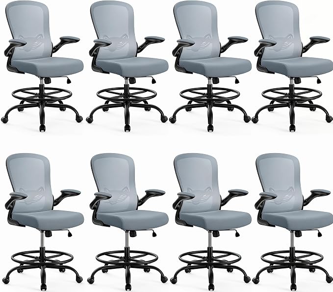 ErGear Drafting Chair,Tall Office Chair with Flip-Up Armrests, High Desk Chair Adjustable Height and Adjustable Footrest Ring, Ergonomic Standing Desk Chair with Lumbar Support, Blue,8 Pack