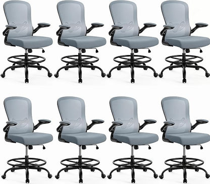 ErGear Drafting Chair,Tall Office Chair with Flip-Up Armrests, High Desk Chair Adjustable Height and Adjustable Footrest Ring, Ergonomic Standing Desk Chair with Lumbar Support, Blue,8 Pack