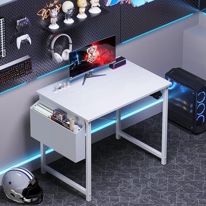 OLIXIS Small Computer Desk, 31 Inch Home Office Desks, Writing Study Craft Work Gaming Table, Computer Workstation for Bedroom Small Spaces with Storage Bag and Headphone Hook, White