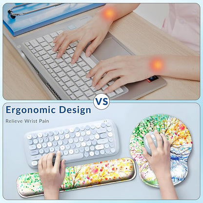 Desk Mat Set + Keyboard and Mouse Pad with Wrist Rest Support,4-in-1 Large Mousepad Computer Mats for Desktop Home & Office-Watercolor Tree