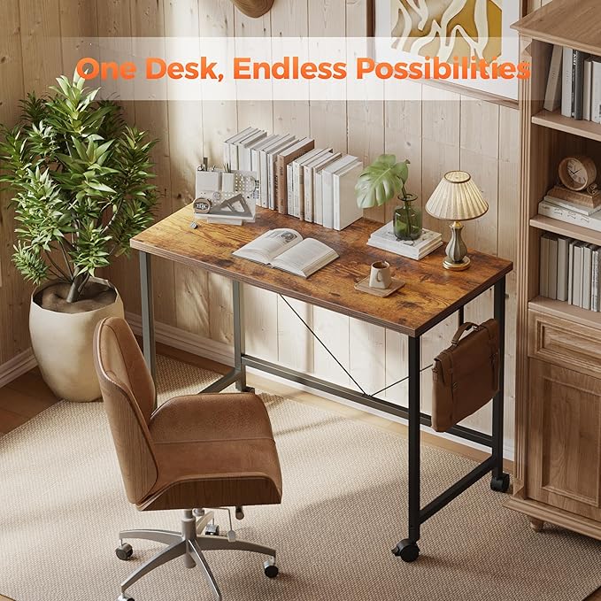 Mericonia 40 inch Rolling Computer Desk with Wheels, Gaming Desk for Small Spaces, Modern Simple Style Table for Home Office, Study Writing Table
