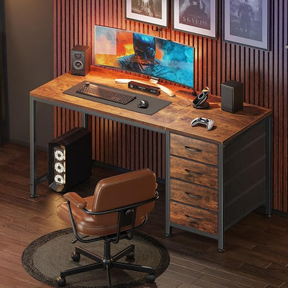 PRAISUN 47.2 Inch Computer Office Desk with Power Outelts and USB-C Port, Reversible Gaming Desk with 4 Fabric Drawers, Work Study Desk Work from Home, Rustic Brown