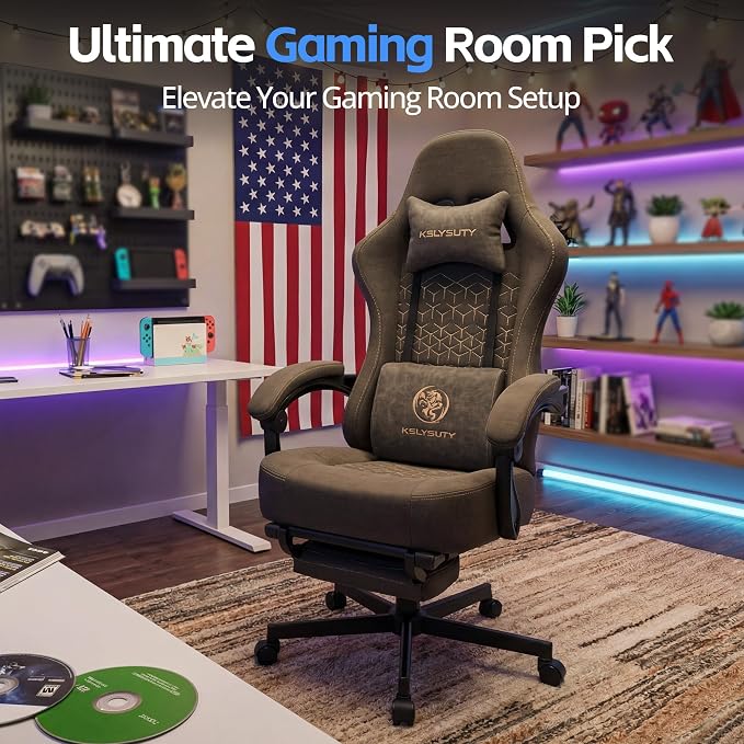 Desk Computer Gaming Chair - Ergonomic Game Office Chair with Extended Footrest and Massage Lumbar Support, Home Gamer Video Game Chairs with Spring Cushion for Adults (Pro Grey Leather)