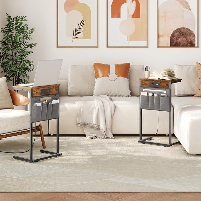 HOOBRO C Shaped End Tables with Charging Station, Set of 2, 28" H Couch Side Tables Slide Under, Sofa Arm Tray Tables with Storage Bag for Living Room, Recliner, Rustic Brown BF70USFP201
