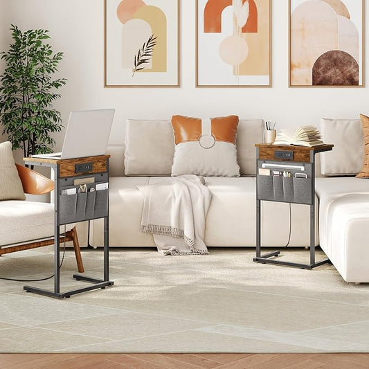 HOOBRO C Shaped End Tables with Charging Station, Set of 2, 28" H Couch Side Tables Slide Under, Sofa Arm Tray Tables with Storage Bag for Living Room, Recliner, Rustic Brown BF70USFP201