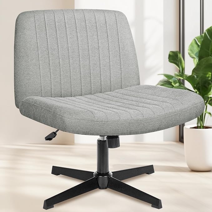 NEO Chair Criss Cross Chair No Wheels, Armless Cross Legged Office Desk Chair, Vanity Makeup Fabric Computer Comfy Adjustable Swivel Ergonomic Living Bedroom for Home Office (Fabric Grey)