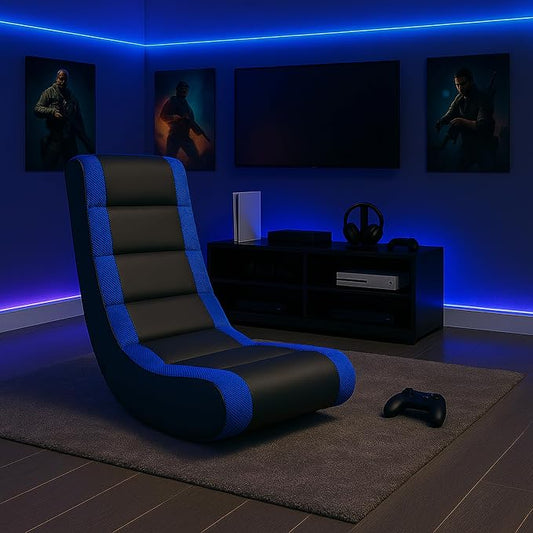 The Crew Furniture Classic Video Rocker Gaming Chair, for Kids and Teens, PU Faux Leather & Polyester Mesh, Black/Blue