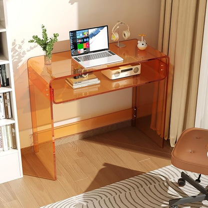 Acrylic Office Desk, Modern Laptop Writing Study Table with Open Storage, Orange Console Entryway Table, 33.5" L x 15.8" W x 29.5" H, for Home, Bedroom