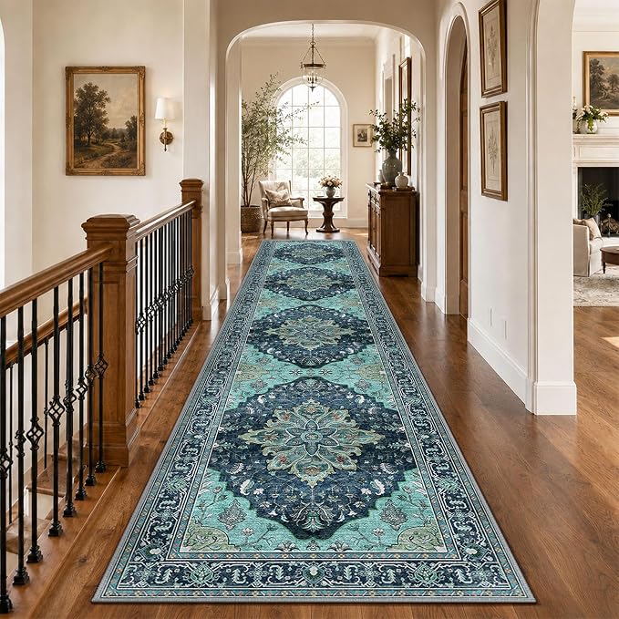 RELEANY Area Rugs Runner 3'x12' Washable Non-Slip, Floral Vintage Distress Medallion Carpet for Kitchen Hallway Bedroom Beside Laundry Room Bathroom, Teal Green Lake Blue Turquoise