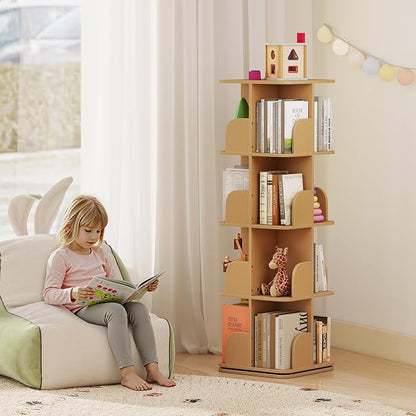 Turosur Rotating Bookshelf, 4 Tier Spinning Bookshelf Tower for Small Space, Kids Bookshelves 360 Display, Revolving Bookcase Floor Standing Storage Rack, Natural
