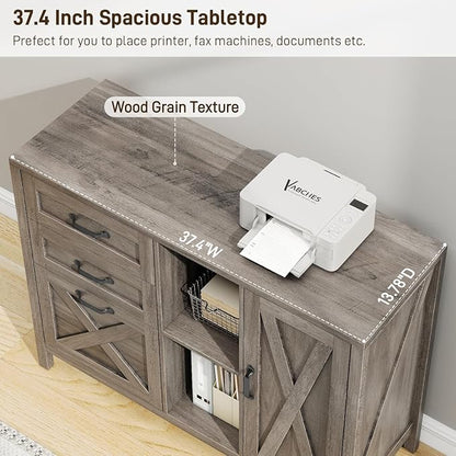 Vabches Lateral File Cabinet, Farmhouse 3 Drawer File Cabinet with Open Storage Shelf for Letter/A4/Legal Size Hanging Files, Large Wood Storage Cabinets Printer Stand for Home Office, Grey