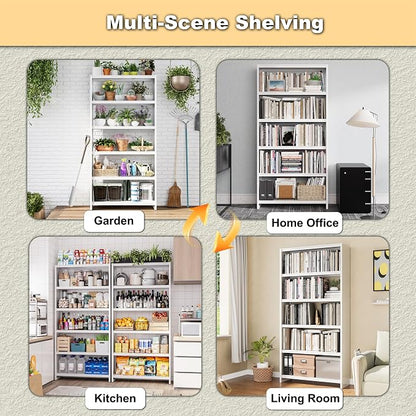 OSEILLC Bookshelf, 69" Tall White Bookshelf with 5 Storage Shelves, Large Metal Bookshelves, 5 Tier Sturdy Bookcase for Living Room, Library, Office, Bedroom, Including Book Stopper,Simple Assembly